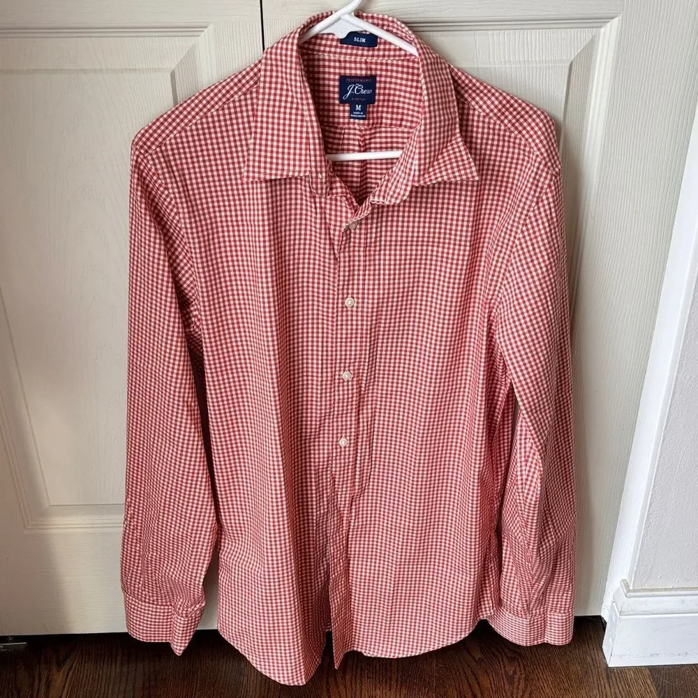 J. Crew pair of Red Yellow Plaid Men casual cotton button down Shirts M slim EUC